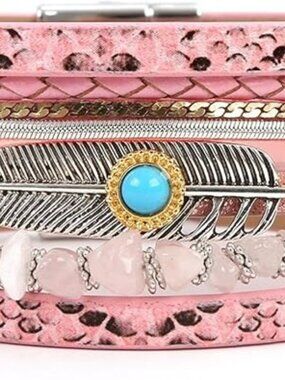 Pink Boho Western Bracelet Boho Leather Wrap Turquoise Bracelet Western Jewelry